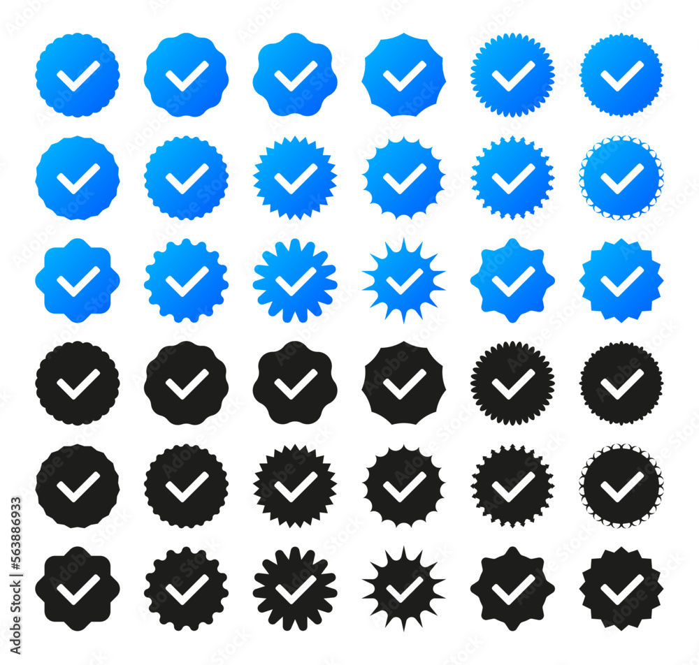 Profile Verification concept. Verified icon collection. Checked icons set with checked social media icon style. Check the box. Approved, accepted, verified and secure icons set. Vector illustration. Profile Verification concept. Verified icon collection. Checked icons set with checked social media icon style. Check the box. Approved, accepted, verified and secure icons set. Vector illustration.
