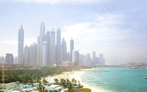 Dubai, UAE. Dubai Marina skyscrapers, complex of residential and office buildings with beautiful white sand beaches