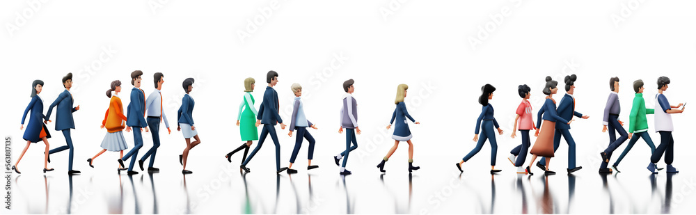Lots of Business people, young professionals, office workers and IT specialists walking forward  together. Wide banner. 3D rendering illustration with space for text