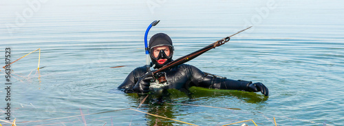 Tableau sur toile Spearfishing, men in a neoprene wetsuit in a lake with weapons for spearfishing, a harpoon diver