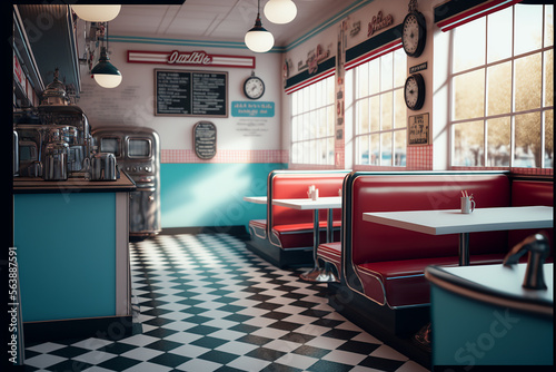 Interior of an american diner in 50s style generated with AI photo
