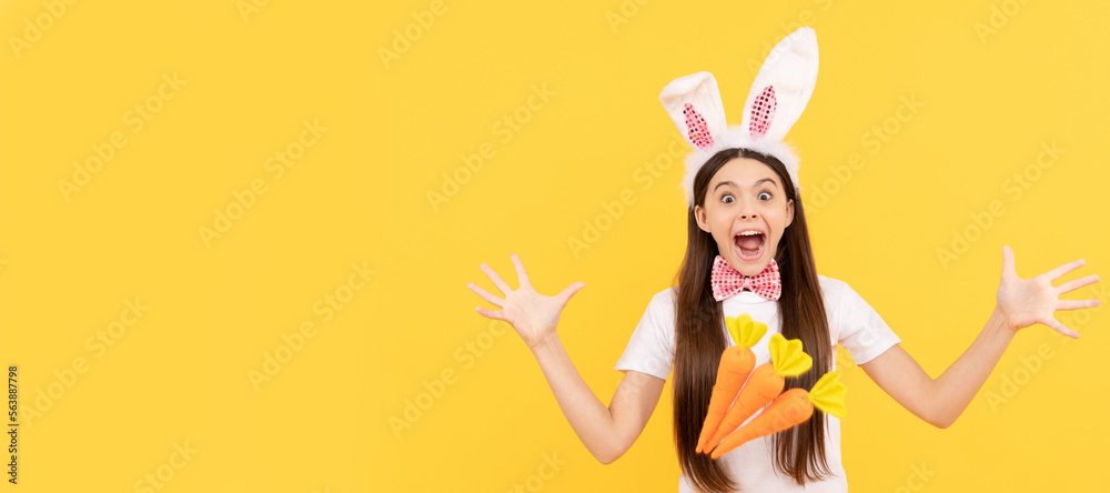 wow. happy easter. childhood happiness. child in rabbit ears and bow tie. time for fun. adorable kid. Easter child horizontal poster. Web banner header of bunny kid, copy space. wow. happy easter. childhood happiness. child in rabbit ears and bow tie. time for fun. adorable kid. Easter child horizontal poster. Web banner header of bunny kid, copy space.