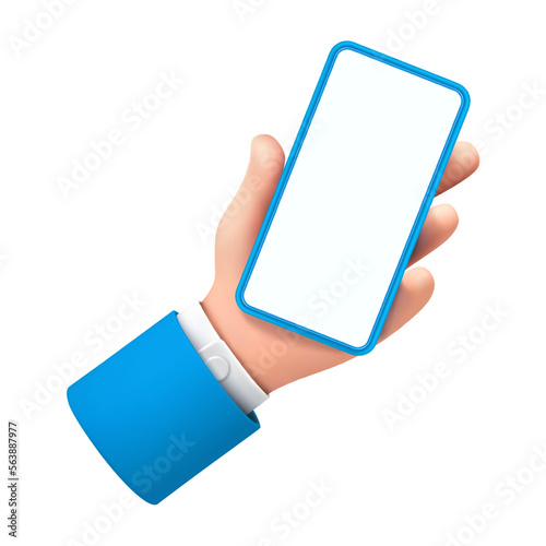 Smartphone with empty screen in hand, isolated person with gadget. Display with copy space, mockup for application or service. Vector illustration, 3d style