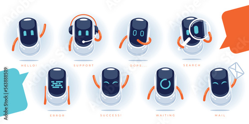 Chatbot avatar icons set. Cartoon robot character vector icons for web design and mobile app. (ID: 563888509)