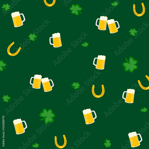 Happy Saint Patrick Day bear mug seamless pattern. Holiday background with clover and horseshoe.