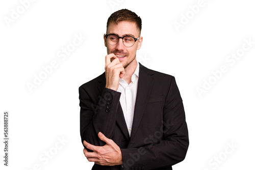 Young caucasian business man cutout isolated relaxed thinking about something looking at a copy space.