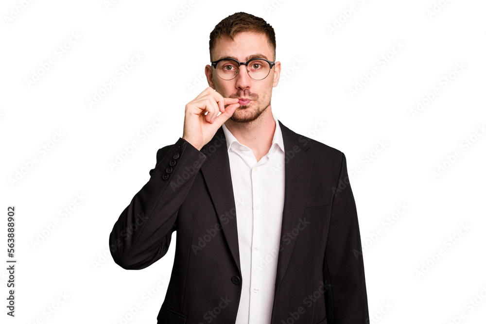 Young caucasian business man cutout isolated with fingers on lips keeping a secret. Young caucasian business man cutout isolated with fingers on lips keeping a secret.