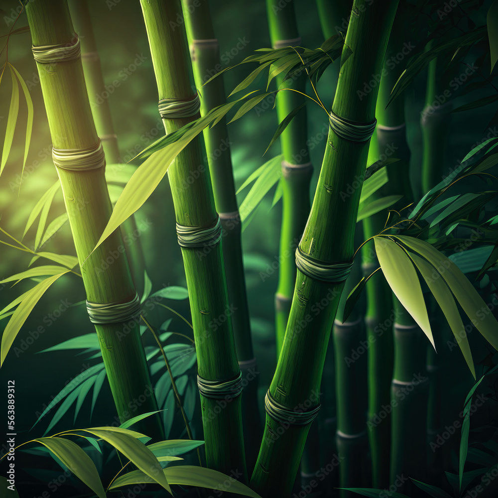 Obraz premium bamboo forest with trunk and leaf closeup. generative ai