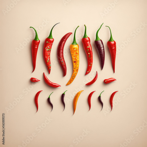 many several kind of hot chillies, red and yellow. generative ai photo
