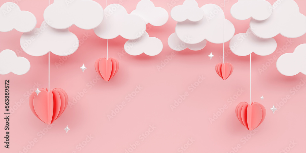 Poster or banner with pink pastel sky and paper cut clouds. Copy space for text. Happy Valentine's day sale header or voucher template with hanging hearts. 3D render illustration