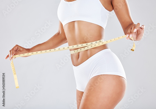 Fitness Woman Measuring Waist Measuring Tape Stock Photo 295592648