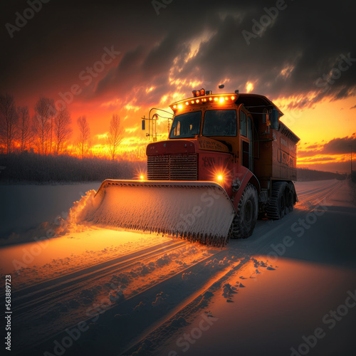 snowplow truck removing snow on road. generative ai
