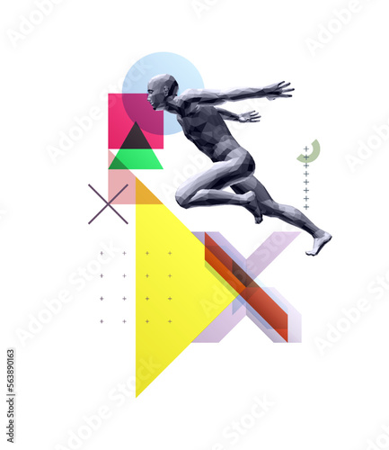 Art composition. Running man or marathon runner. 3D human body model. Design for sport. Transparency geometrical background. Cover design template for presentation, poster, cover or brochure.
