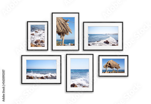 Black frames collage isolated on white, straw umbrellas and sea view, interior design decor