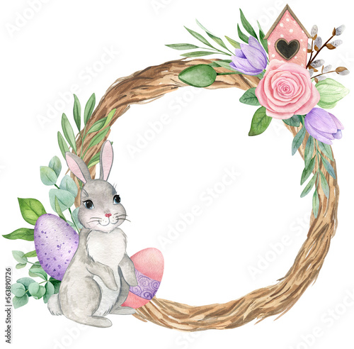 Watercolor wreath with easter bunny and flowers