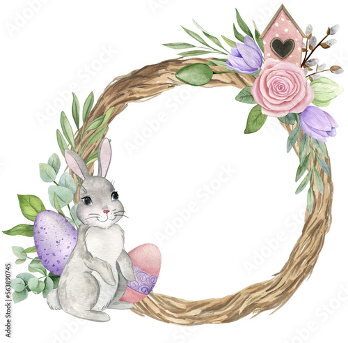 Watercolor wreath with easter bunny and flowers