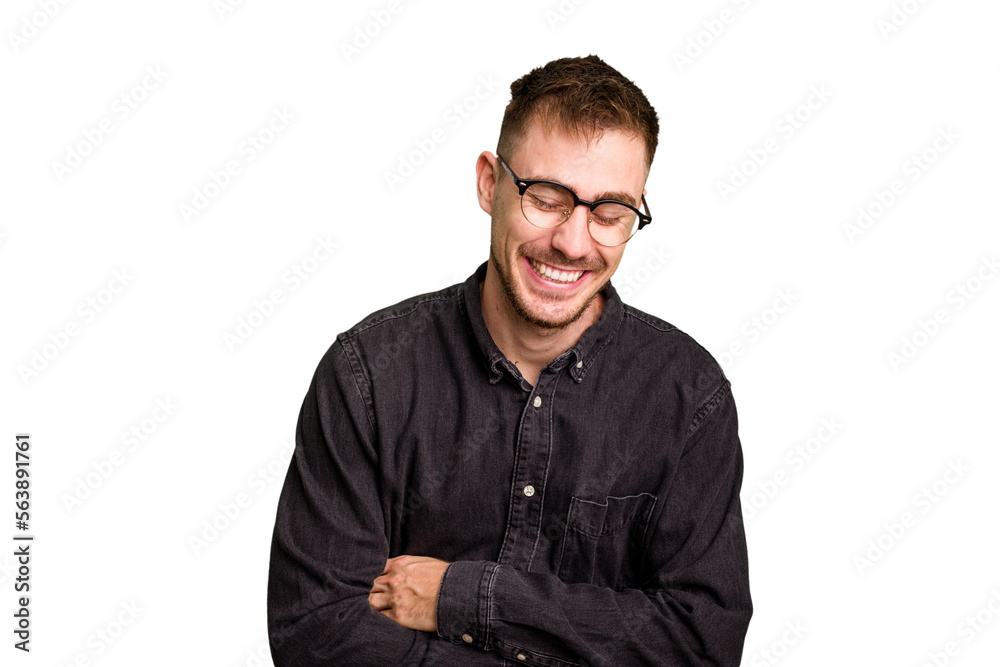 Obraz premium Young caucasian man cut out isolated laughing and having fun.