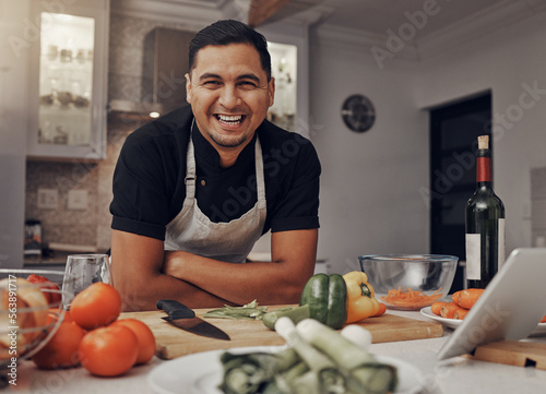 Fotografie Man, happy portrait and cooking in kitchen for healthy nutrition, food diet and organic vegetables salad