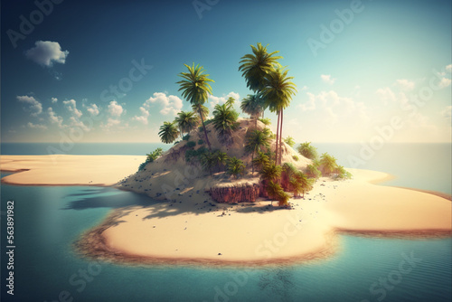 Tropical beach  desert  desert island  many palm trees  ocean view  sunny day. generative AI