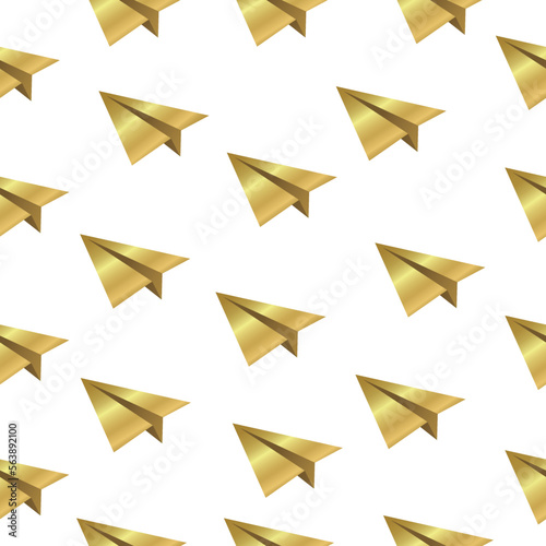 Vector golden paper planes seamless pattern on black background. Fortuna Gold color of realistic flying paper planes on black. Vector seamless pattern background. Target, aim, purpose, development.