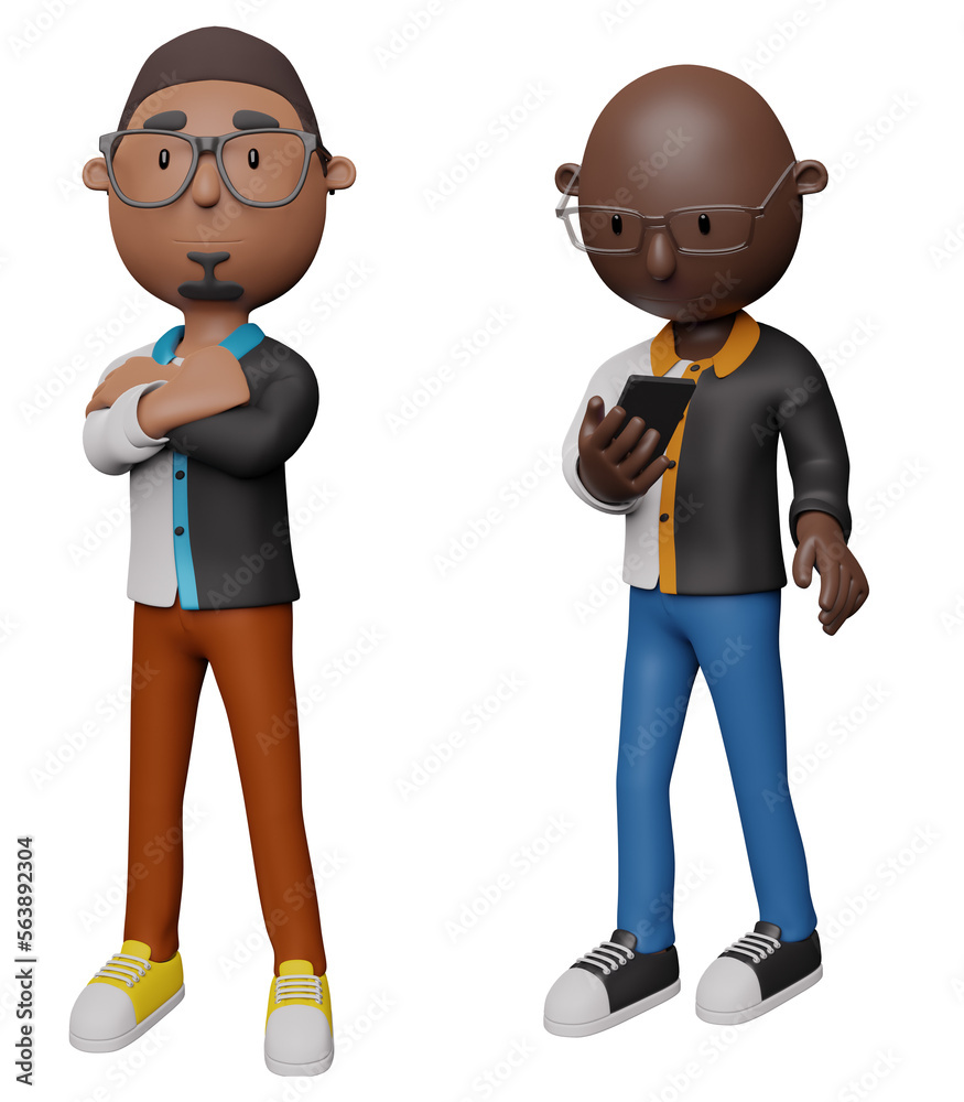 Cartoon character dominican men wearing traditional clothes with mobile phone and another person standing with his arms crossed on white background. 3d render illustration.