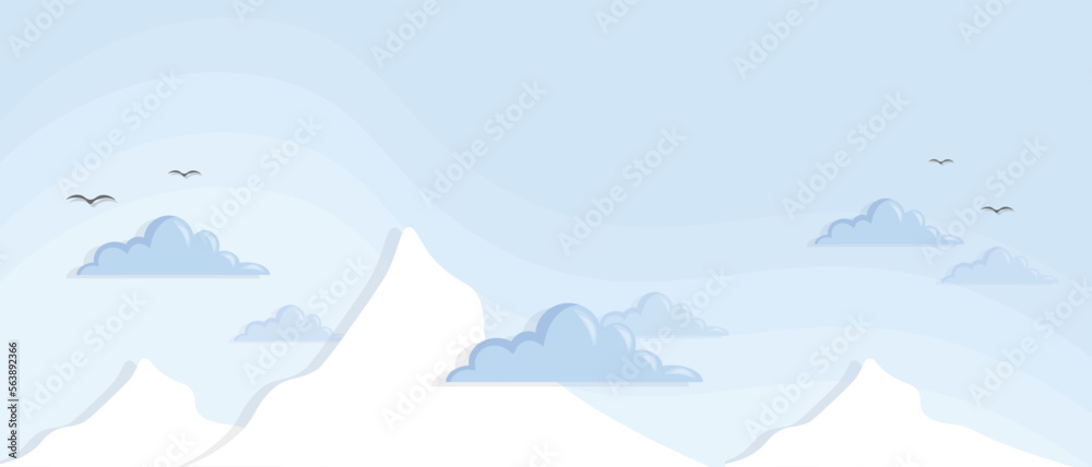 Fototapeta premium Vector Mountains and clouds in blue sky vector template. Paper Cut style in cloudy sky landing web or banner template for multiple uses creative design. Creative blue color sky and clouds