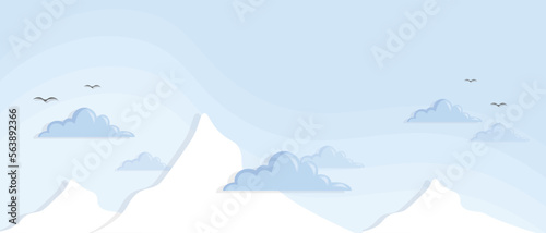 Vector Mountains and clouds in blue sky vector template. Paper Cut style in cloudy sky landing web or banner template for multiple uses creative design. Creative blue color sky and clouds
