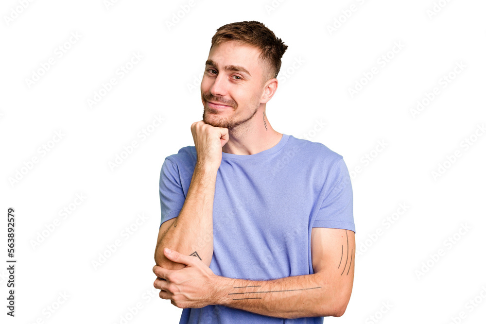 Young caucasian man cut out isolated smiling happy and confident, touching chin with hand. Young caucasian man cut out isolated smiling happy and confident, touching chin with hand.