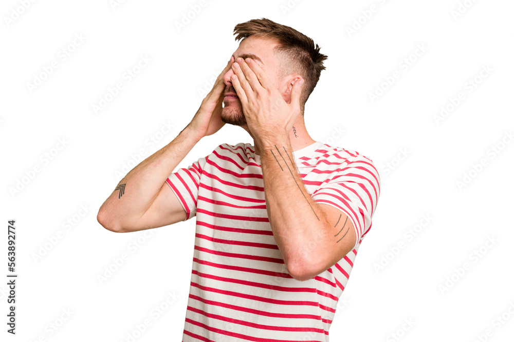 Young caucasian man cut out isolated afraid covering eyes with hands. Young caucasian man cut out isolated afraid covering eyes with hands.
