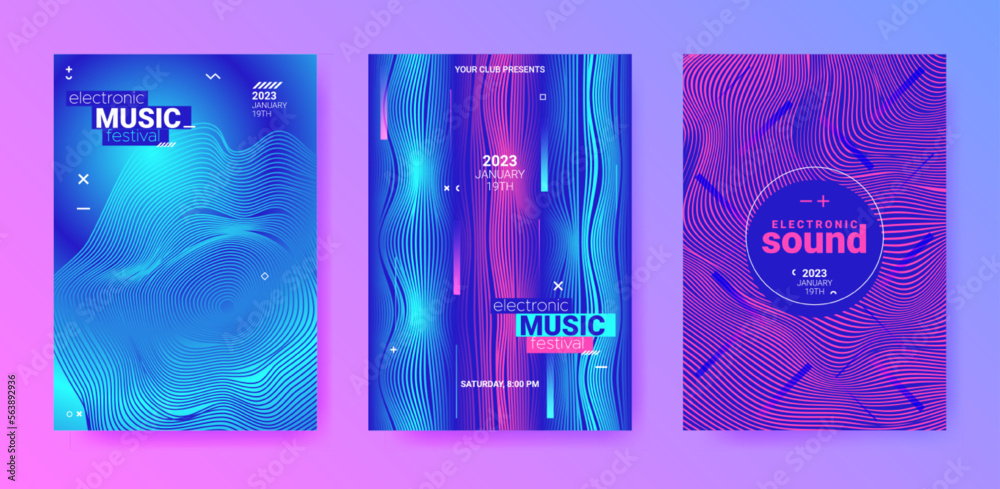 Dance Posters. Electronic Sound Cover. Techno Party Flyer. Vector Edm Background. Abstract Dance Poster Set. Geometric Festiv Illustration. Gradient Wave Circle. Futuristic Abstract Dance Poster.