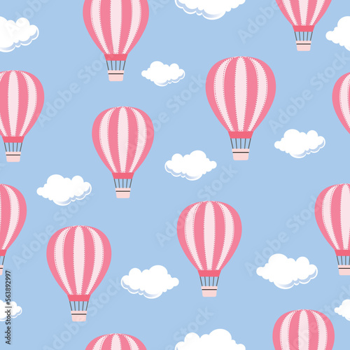 Vector Pink Color hot air balloons pattern in cloudy sky. Repeatable and printable wallpaper design. Transportation Concept Seamless Pattern Design for Printing or Website. Balloons Texture.