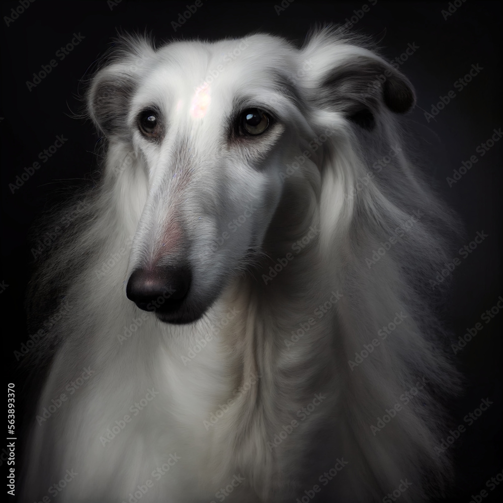front view of white borzoi dog in studio on black background, generative ai front view of white borzoi dog in studio on black background, generative ai