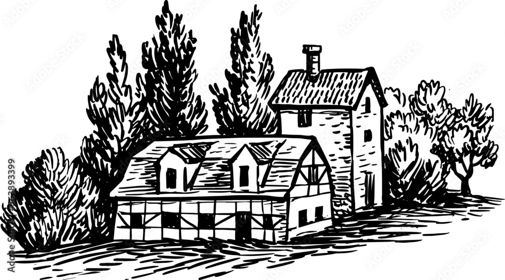 Old houses and trees ink sketch.