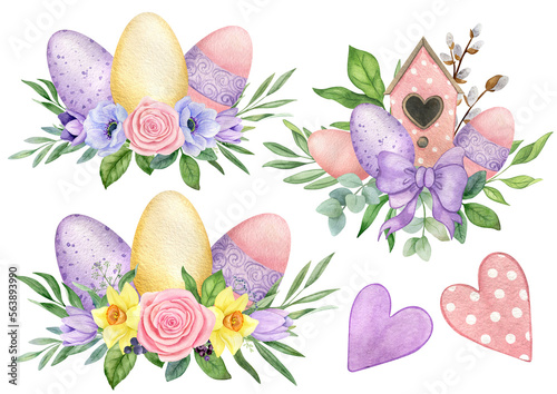 Easter watercolor clipart with eggs and spring flowers