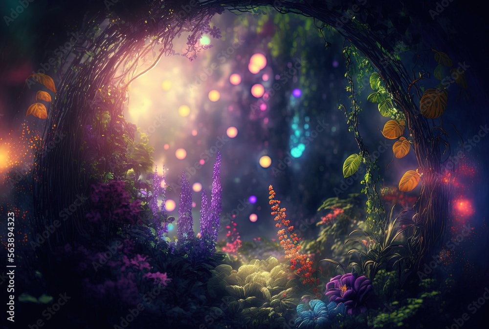 magical forest with glitter glow light in romantic atmosphere Generative Ai - obrazy, fototapety, plakaty 