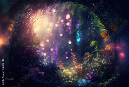 magical forest with glitter glow light in romantic atmosphere Generative Ai