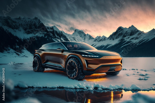  futuristic electric smart SUV car in winter mountain road , concept car, automotive, Generative AI 