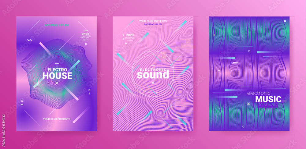 Psychedelic Dj Flyer. Electro Sound Cover. Techno Dance Poster. Vector 3d Background. Edm Abstract Dj Flyer. Minimal Festival Banner. Gradient Wave Round. Futuristic Dj Flyer Set.