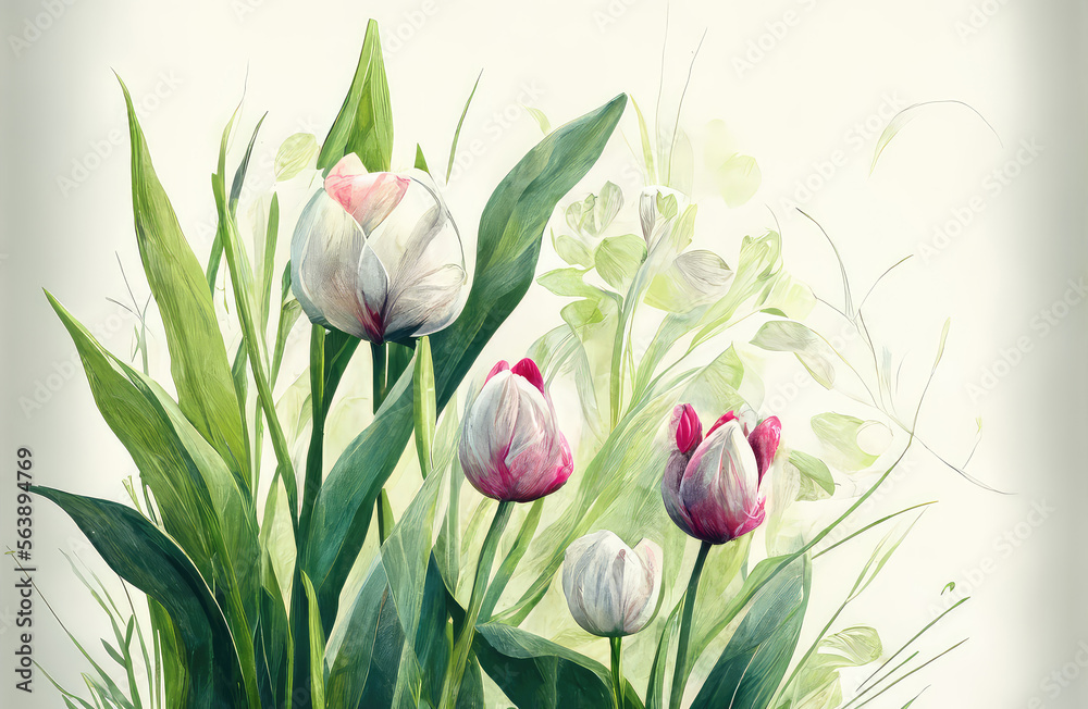 Fototapeta premium Spring tulips and leaves drawn in watercolor style. Generative AI