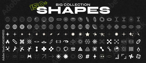 Retro futuristic elements for design. Big collection of abstract graphic geometric symbols and objects in y2k style. Templates for notes, posters, banners, stickers, business cards, logo