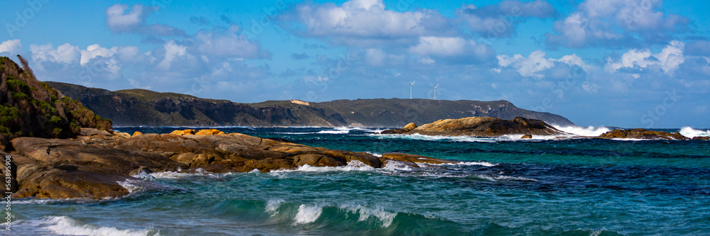 panorama of a unique coastline with wind farms on the cliff  near west cape howe national park; a unique beach near albany and denmark in western australia