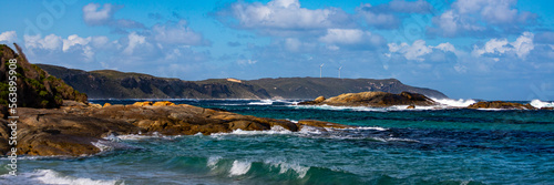 panorama of a unique coastline with wind farms on the cliff  near west cape howe national park  a unique beach near albany and denmark in western australia