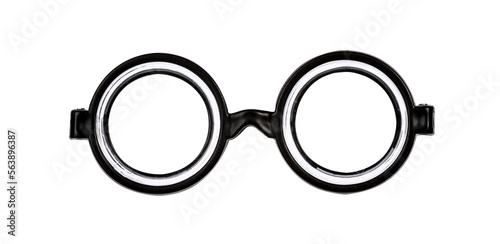 Front of nerdy black glasses with thick glass. Isolated cutout on a transparent background photo