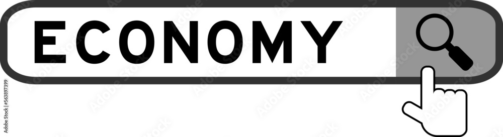 Search banner in word economy with hand over magnifier icon on white background Search banner in word economy with hand over magnifier icon on white background