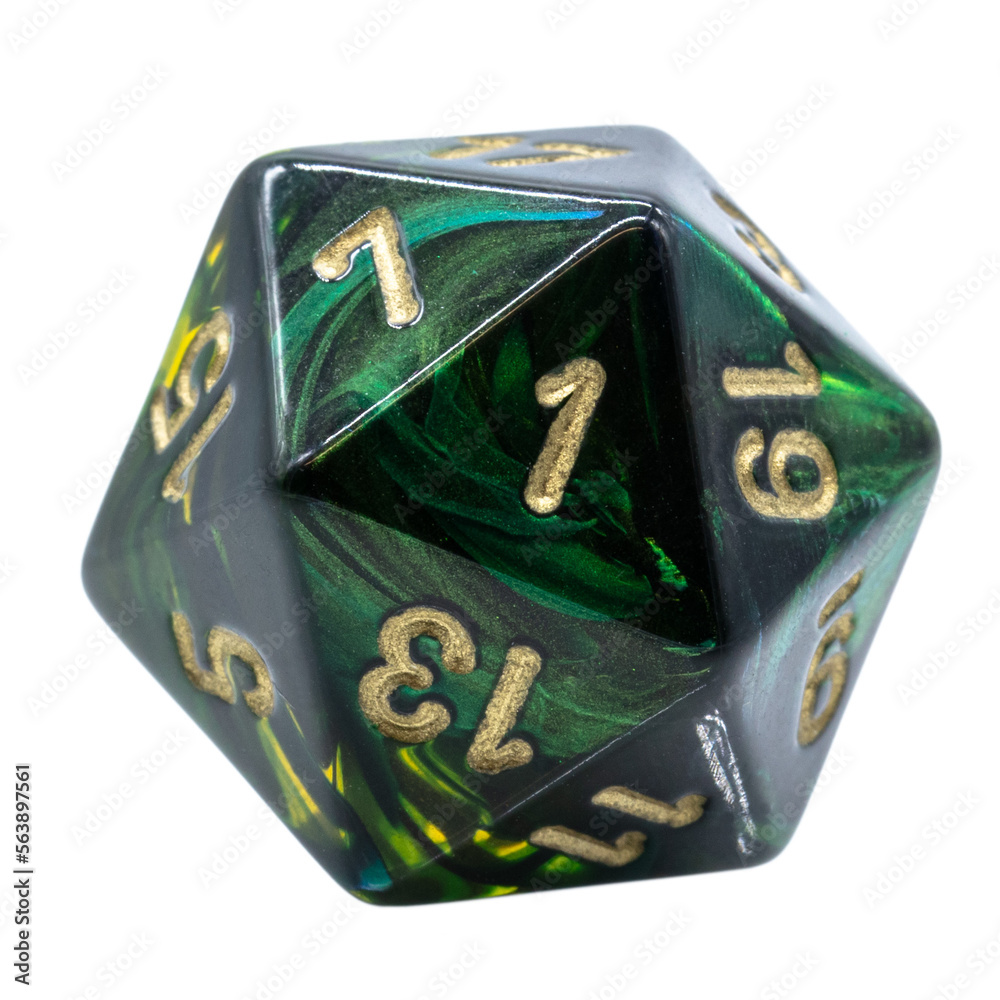 one green marbled w20 or 20 sided dice - obrazy, fototapety, plakaty 