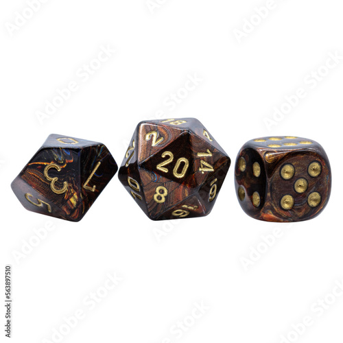 three brown marbled w10 w20 and w6 sided dices
