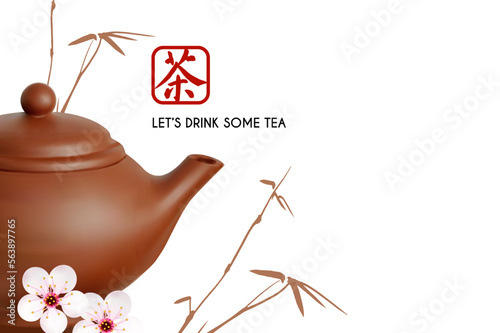3D realistic teapot with flower and bamboo. Chinese tea ceremony