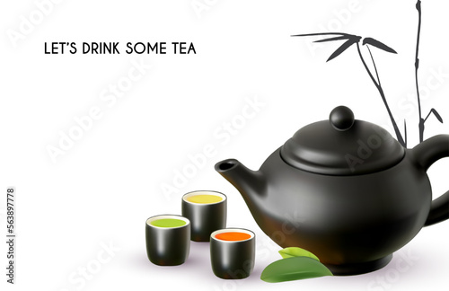 3D teapot and tea cups on white background. tea ceremony.