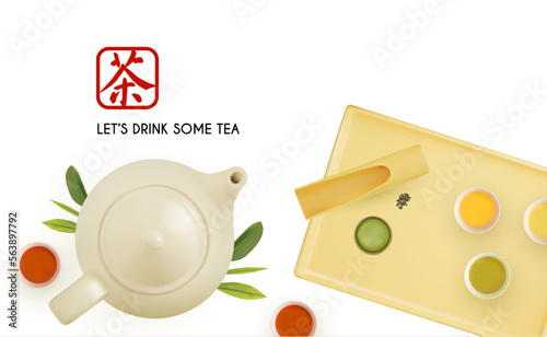 3D teapot and tea cups with tray on white background. Top view. Chinese tea ceremony.