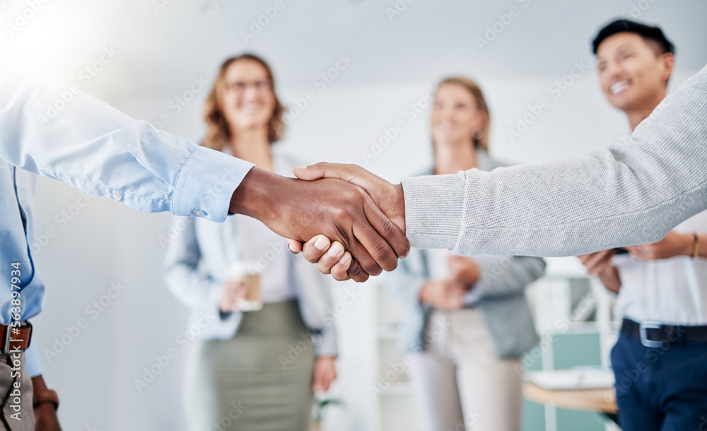 Obraz premium Closeup, business people and handshake for partnership, collaboration and achievement with group project, sales growth and budget increase. Zoom, gesture for greeting and agreement for corporate deal